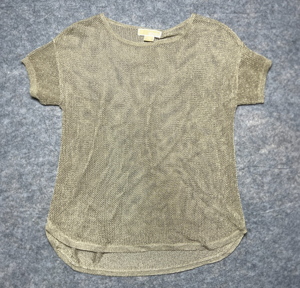 MICHAEL KORS Women's Gold Metallic Mesh Knit Tunic Drop Cut Top Blouse Size P/M